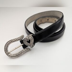 Women's Black Leather Belt w/ Silver Heart & Buckle